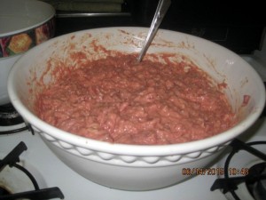 This is 5 pounds of ground meat, bone and organs from Hare-Today with supplements and one pound of chunked meat added.